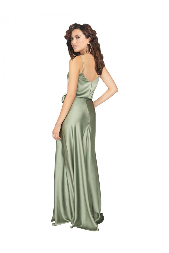 Vert fumée Trapèze Col V Satiné Soyeux Longue Formelles Robes demoiselle d'honneur / Robes de soirée Pas Cher