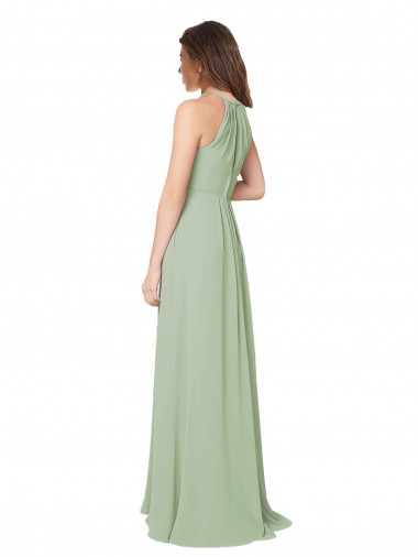 Vert fumée Trapèze Licou Mousseline Longue Robes demoiselle d'honneur