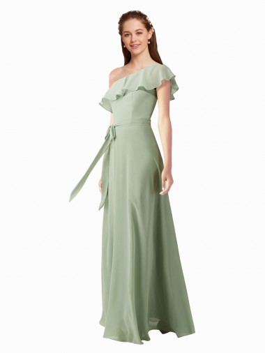 Vert fumée Trapèze Mousseline Longue Robes demoiselle d'honneur Pas Cher