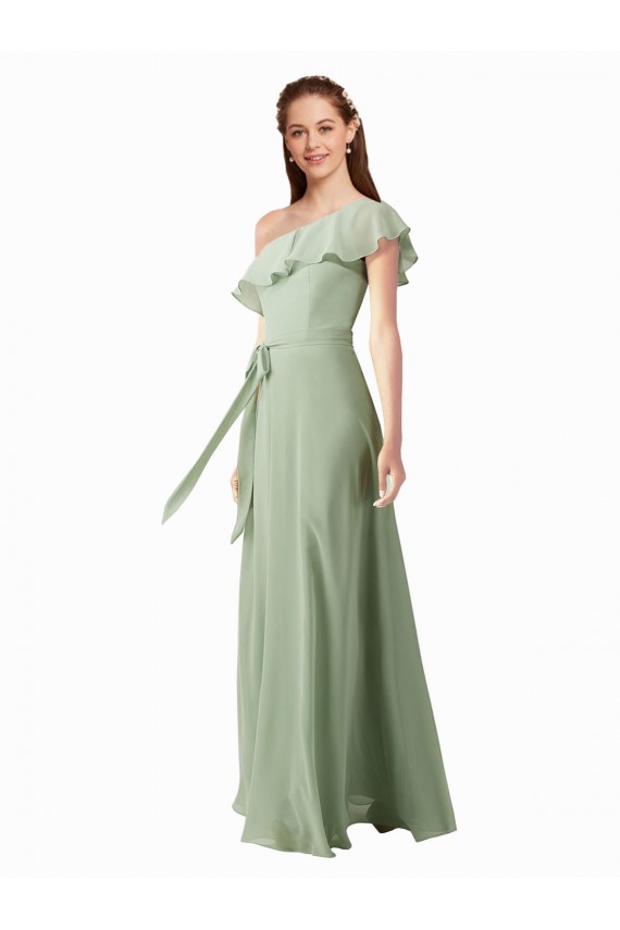 Vert fumée Trapèze Mousseline Longue Robes demoiselle d'honneur Pas Cher