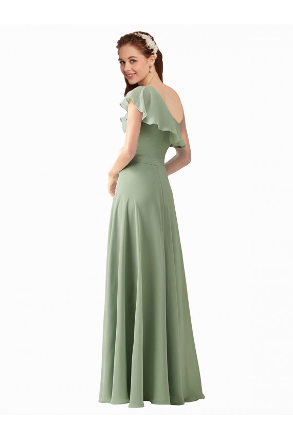 Vert fumée Trapèze Mousseline Longue Robes demoiselle d'honneur Pas Cher