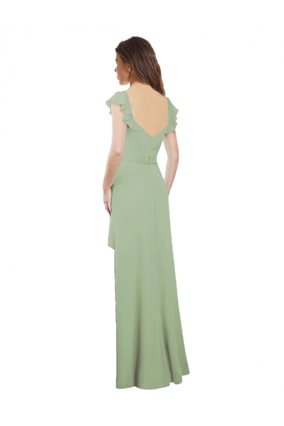Vert fumée Trapèze Mousseline Longue Robes demoiselle d'honneur Pas Cher