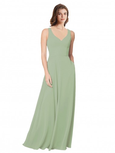 Vert fumée Trapèze Mousseline Longue Robes demoiselle d'honneur Pas Cher