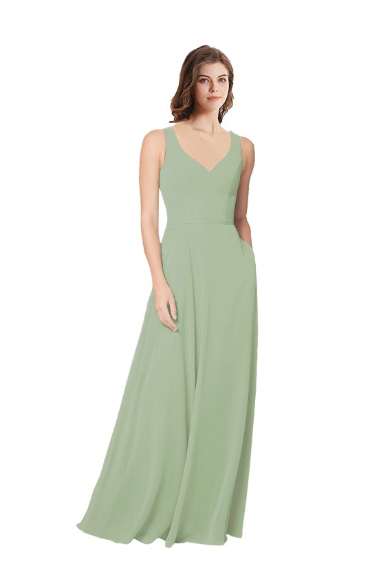 Vert fumée Trapèze Mousseline Longue Robes demoiselle d'honneur Pas Cher
