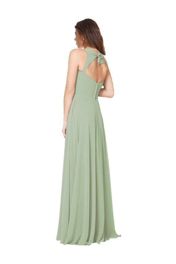 Vert fumée Trapèze Mousseline Longue Robes demoiselle d'honneur Pas Cher