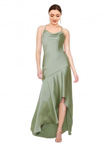 Vert fumée Trapèze Satiné Soyeux Longue Asymétrique Formelles Robes demoiselle d'honneur / Robes de soirée / Robes de bal Pas Cher