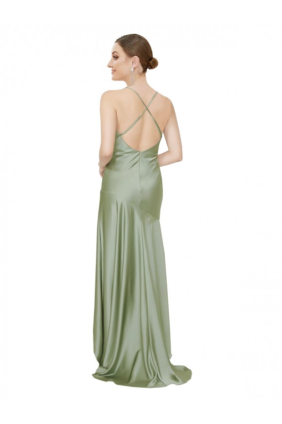 Vert fumée Trapèze Satiné Soyeux Longue Asymétrique Formelles Robes demoiselle d'honneur / Robes de soirée / Robes de bal Pas Cher