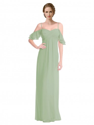 Vert fumée Trapèze Épaule Dénudée Bretelles spaghetti Mousseline Longue Robes demoiselle d'honneur Pas Cher