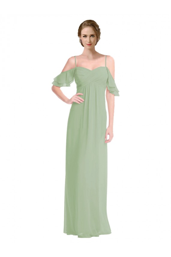 Vert fumée Trapèze Épaule Dénudée Bretelles spaghetti Mousseline Longue Robes demoiselle d'honneur Pas Cher