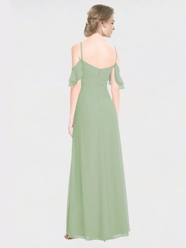 Vert fumée Trapèze Épaule Dénudée Bretelles spaghetti Mousseline Longue Robes demoiselle d'honneur