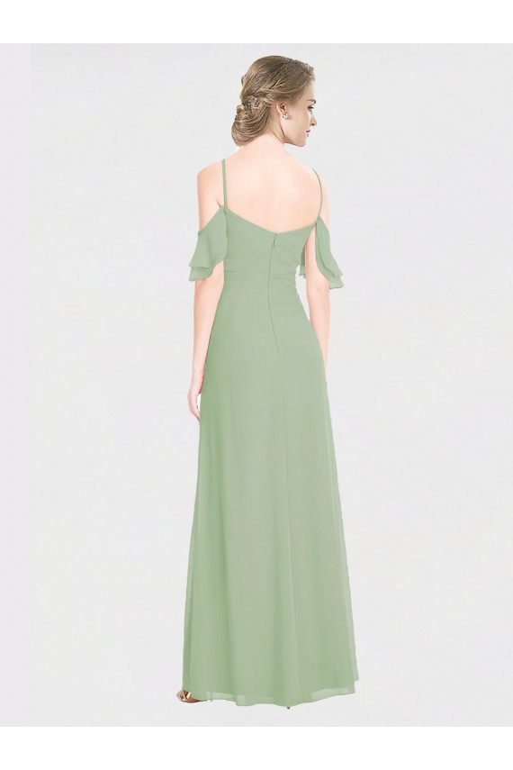 Vert fumée Trapèze Épaule Dénudée Bretelles spaghetti Mousseline Longue Robes demoiselle d'honneur Pas Cher
