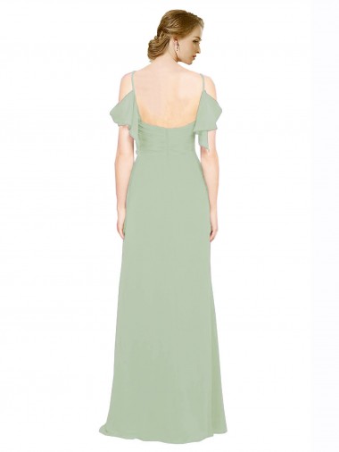 Vert fumée Trapèze Épaule Dénudée Bretelles spaghetti Mousseline Longue Robes demoiselle d'honneur