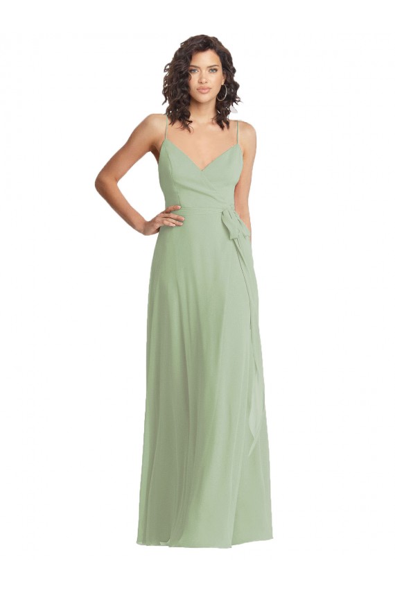 Vert fumée Trompette Bretelles spaghetti Col V Mousseline Longue Formelles Robes demoiselle d'honneur / Robes de soirée Pas Cher
