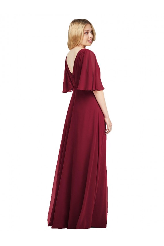 Vert fumée Trompette Col V Mousseline Longue Robes demoiselle d'honneur Pas Cher