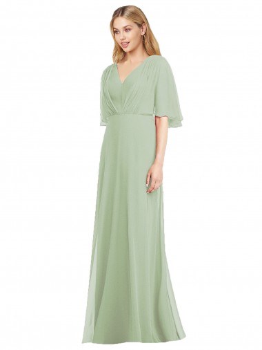 Vert fumée Trompette Col V Mousseline Longue Robes demoiselle d'honneur Pas Cher
