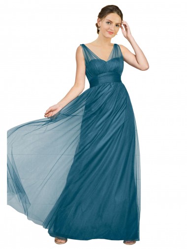 Vert sarcelle Trapèze Col V Tulle Longue Robes demoiselle d'honneur Pas Cher