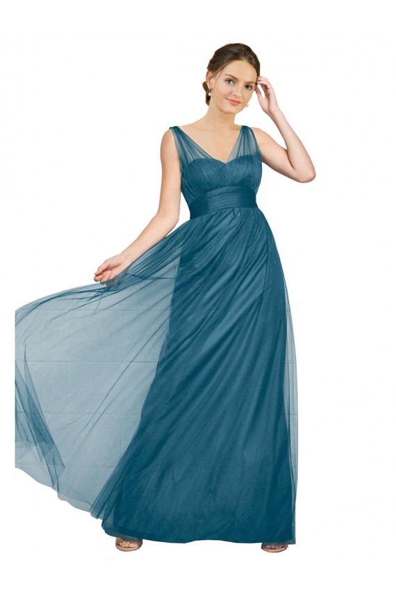 Vert sarcelle Trapèze Col V Tulle Longue Robes demoiselle d'honneur Pas Cher