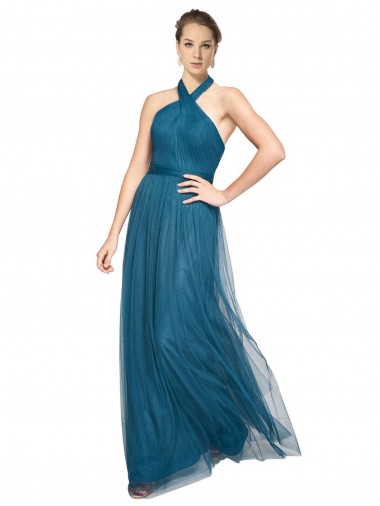 Vert sarcelle Trapèze Licou Col Haut Tulle Longue Robes demoiselle d'honneur Pas Cher