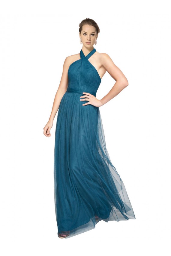 Vert sarcelle Trapèze Licou Col Haut Tulle Longue Robes demoiselle d'honneur Pas Cher