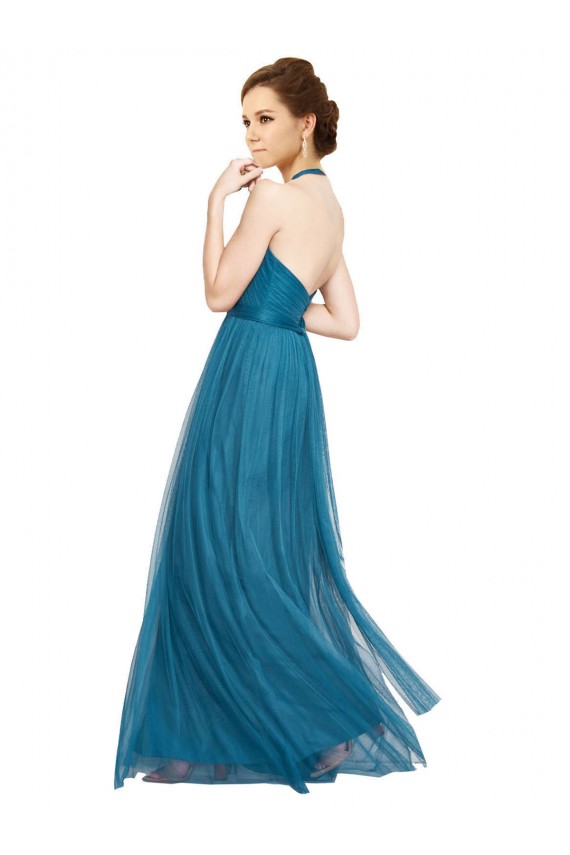 Vert sarcelle Trapèze Licou Col Haut Tulle Longue Robes demoiselle d'honneur Pas Cher