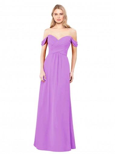 Violet Trapèze Épaule Dénudée Mousseline Longue Robes demoiselle d'honneur Pas Cher