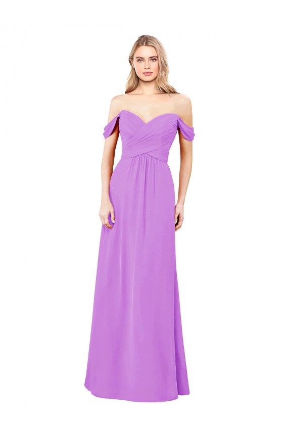 Violet Trapèze Épaule Dénudée Mousseline Longue Robes demoiselle d'honneur Pas Cher